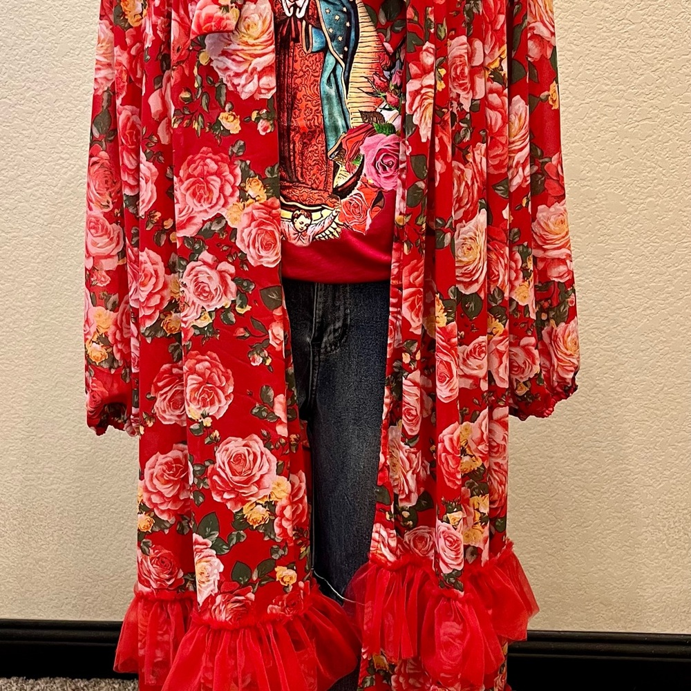 Floral Red Kimono with Ruffle Hem